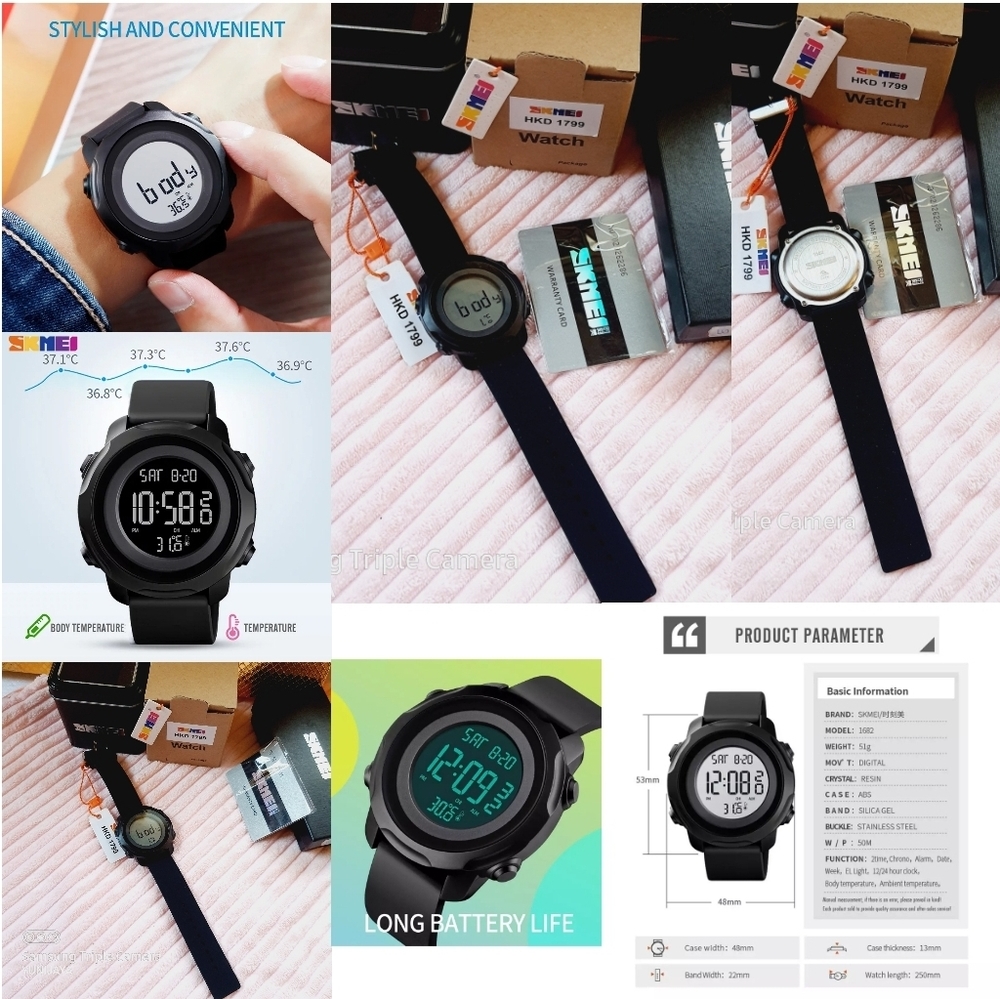 SKMEI Body Ambient Temperature Mens Watches Fitness 2 Time Digital Men Wristwatc